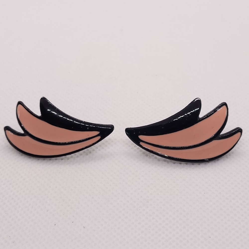 Vintage 1980s Black Peach Enamel Dragon Wings Modernist Stud Earrings